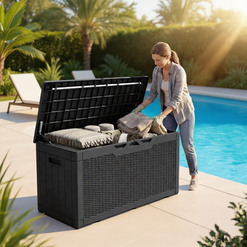 100 Gallon 100 Gallon Black Brown Resin Outdoor Patio Storage Box, Weather-Resistant Deck Storage Container For Backyard