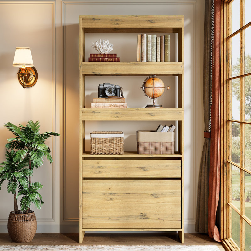 Tall Bookshelf with Storage Drawers,Modern Bookcase with File Cabinet