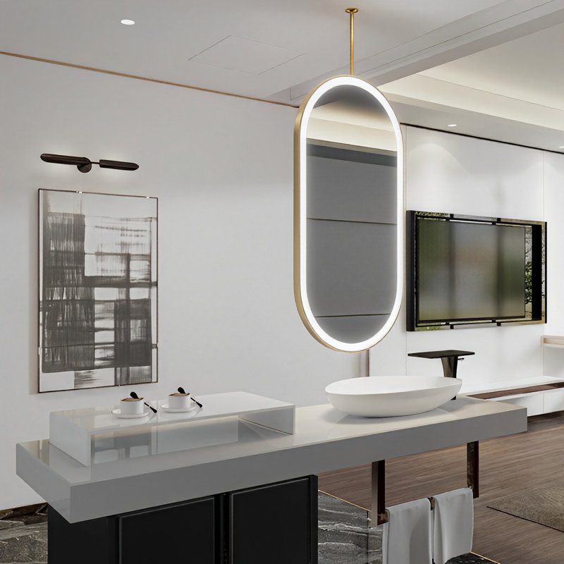 Paris- Brushed Gold Oval Ceiling Suspended 1 Side Led Mirror 20x40