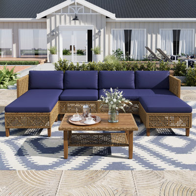Outdoor Wicker Patio Conversation Furniture Set With Acacia Wood Coffee Table