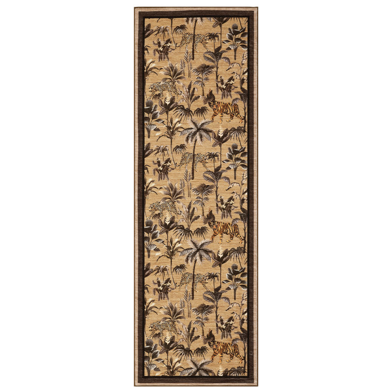 Tiger Area Rug for Living Room, Machine Washable Non-Slip Low Pile Rug, Botanical Jungle Animal Print Rug, Stain-Resistant Soft Foldable Floor Covering