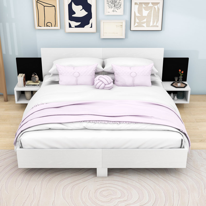 Wood Floating Platform Bed with LED Lights and Built-in Nightstands, King, White