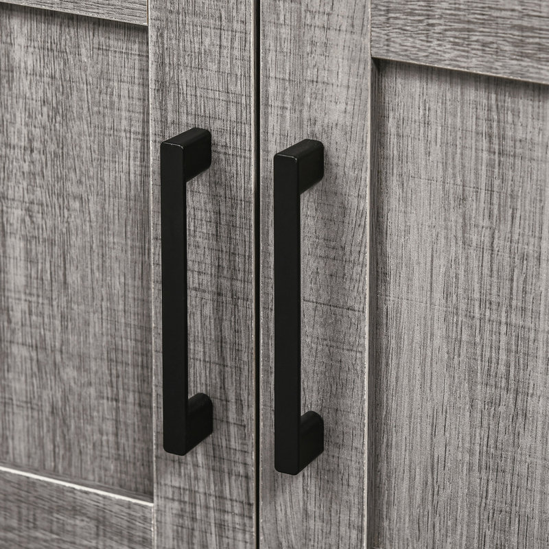 Meuble-lavabo compact avec armoire de rangement et tablette ouverte, teinte grise, peu encombrant sous l'évier