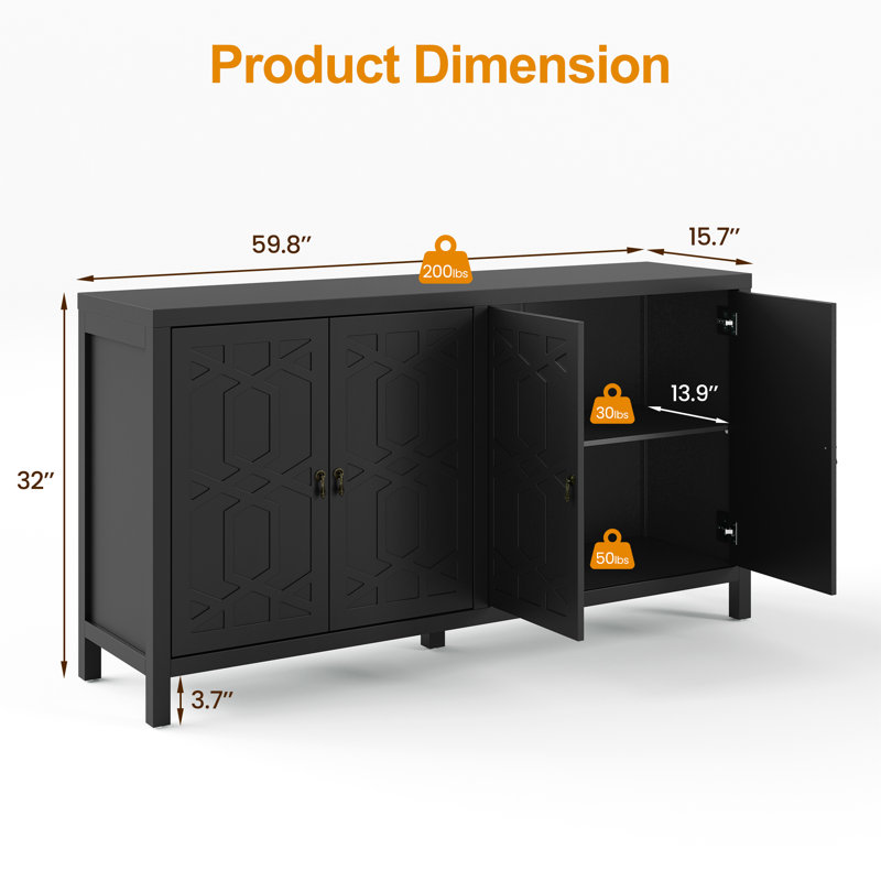 Sideboard Cabinet With Adjustable Shelves And 4 Doors, Black
