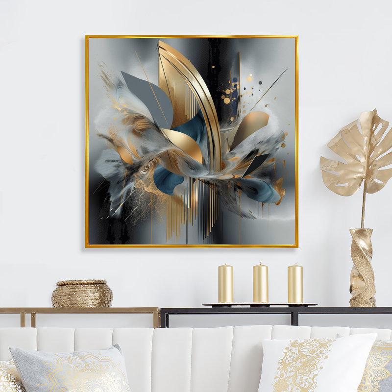 «Grey Soft Colors Marble Abstract II», reproduction sur toile , H 36 po x l 36 po, Reproduction avec cadre flottant, Doré