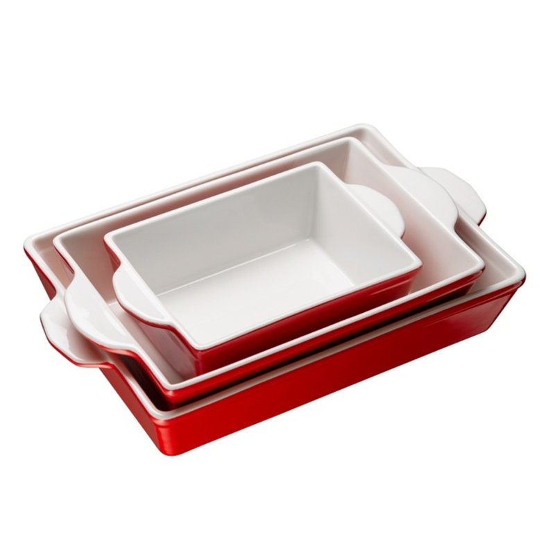 Cherry Red Ceramic Rectangular Baking Dishes Set of 3