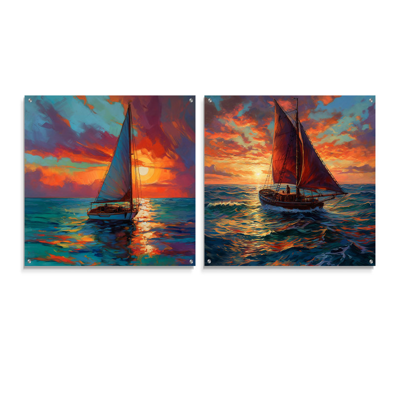Voilier en mer I - ensemble de 2 reproductions d'art en acrylique sur plage moderne, H 16 po x l 33 po
