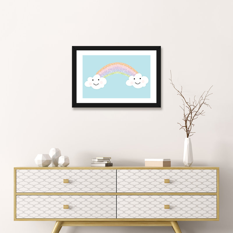 «Happy Clouds» par Anna Quach - impression d'art graphique, Papier encadré noir, Blanc, H 16 po x l 24 po x P 1 po