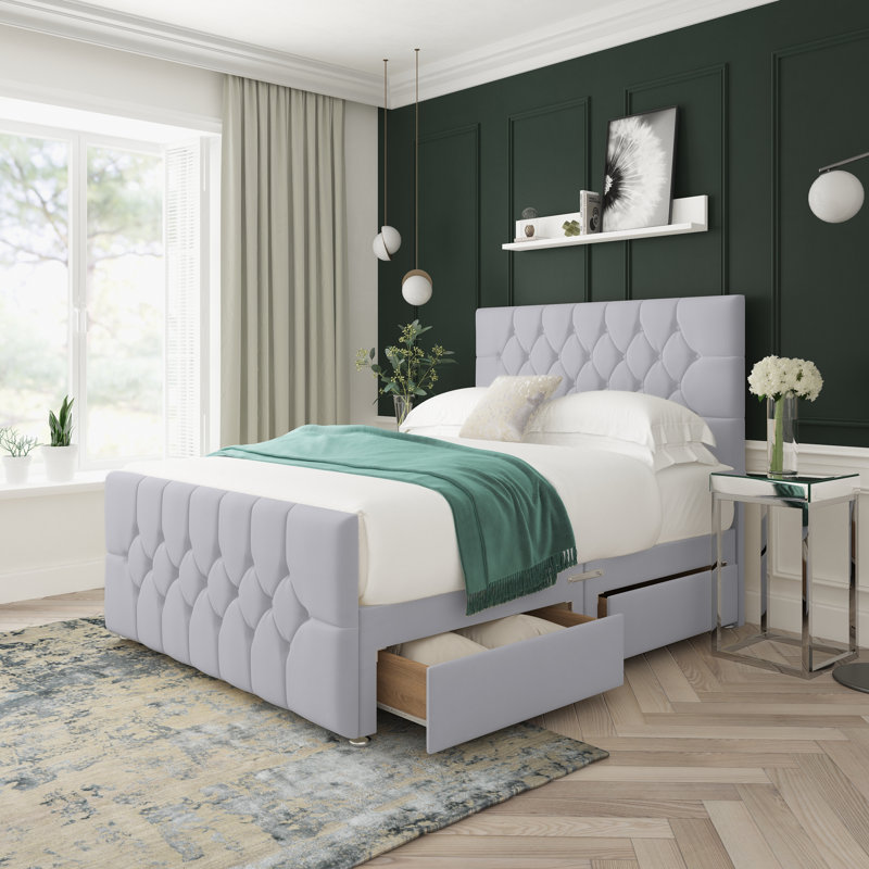 Upholstered Divan Bed, Single (3'), Silver, Right Side Drawers