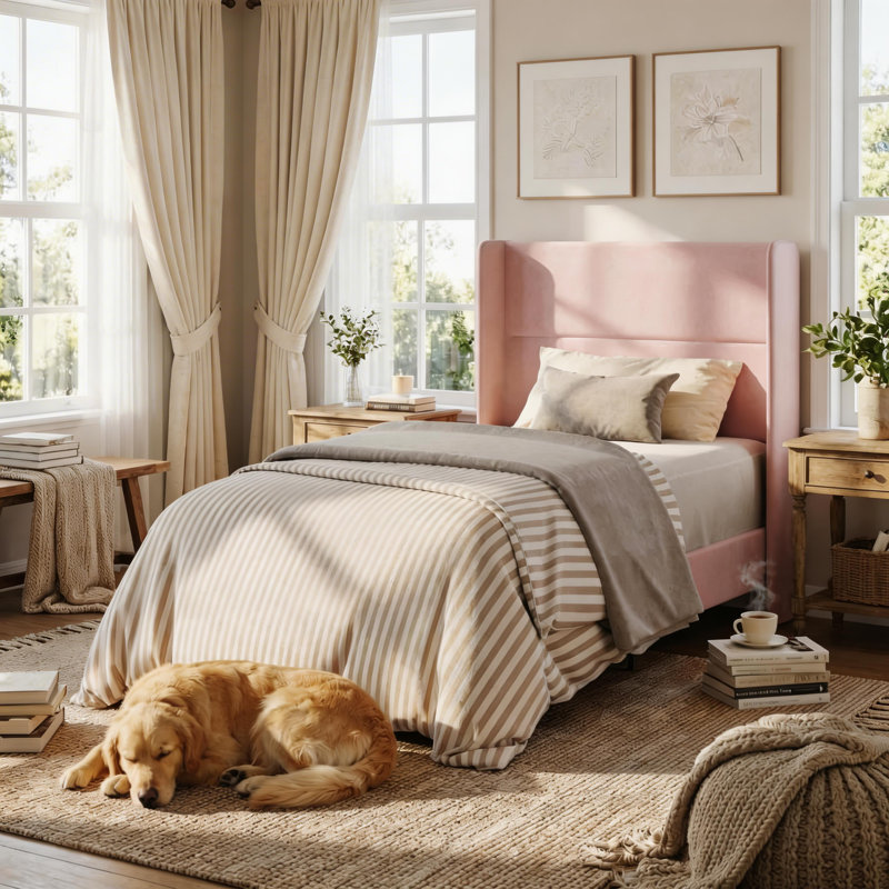 Twin Bed Frames with Wingback Headboard, Velvet Upholstered Platform Bed Frame with Sturdy Wooden Slats Support, No Box Spring Needed, Easy Assembly, Pink
