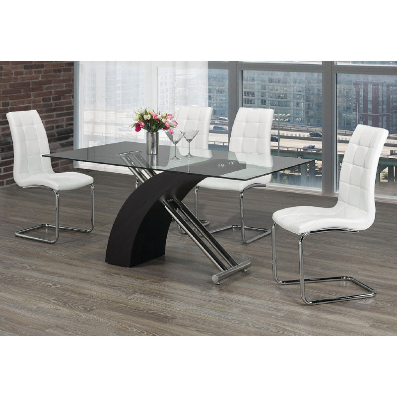Hiskea Glass Top Pedestal Dining Set, White, Black/Chrome
