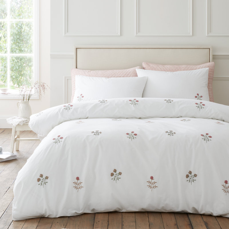 Adeline Floral Embroidered 200 Thread Count Cotton Duvet Cover Set, Single Bed (135 x 200 cm)