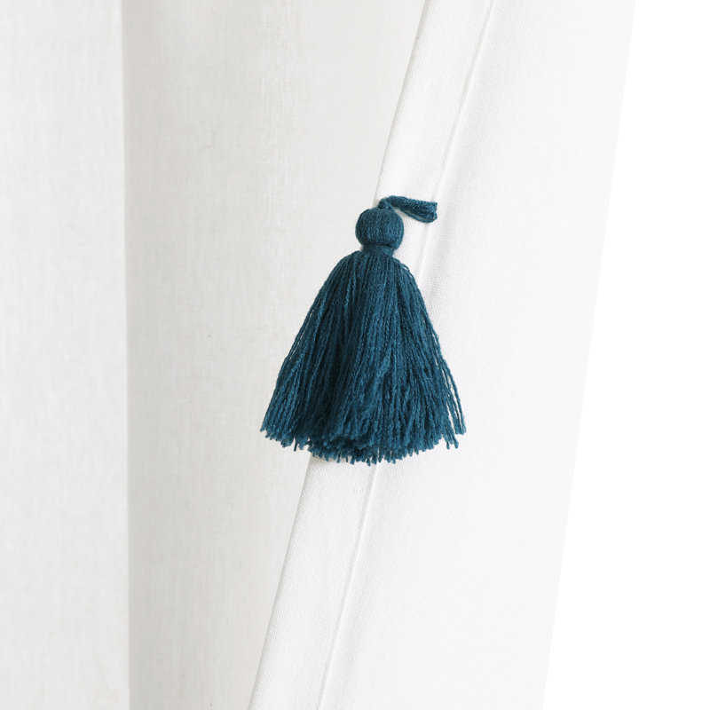 Rideau transparent en coton mélangé avec passe-tringle, Blanc / turquoise