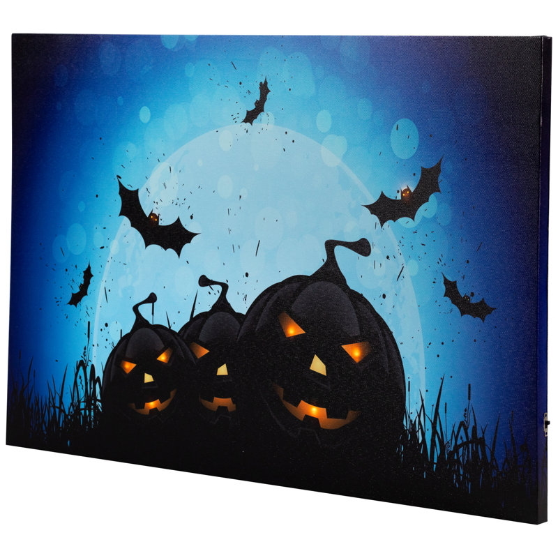 Art mural en toile d'Halloween à DEL avec lanternes et chauves-souris 23,5 po x 15,5 po