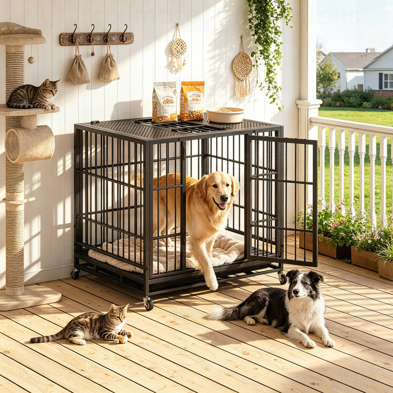 Cage pour chien robuste, chenil mobile pour animaux avec roues verrouillables et loquet rotatif, cage intérieure et extérieure en métal avec plateau perforé