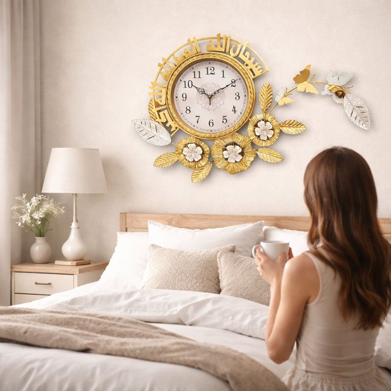 Grande horloge murale en métal avec fleurs et papillon, Ramadan pour la salle de prière du salon