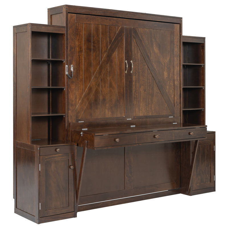 Grand lit escamotable avec bureau et armoires de rangement, lit mural en bois peu encombrant avec tiroirs, espresso, Espresso