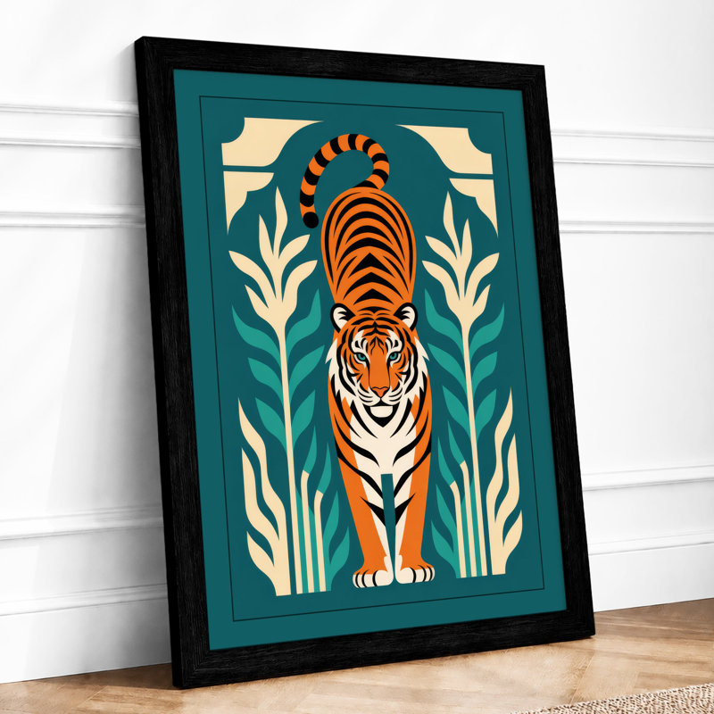 Tiger in Symmetry Art Deco - Framed Print, A2 - 59.4 x 42.0 cm, Black