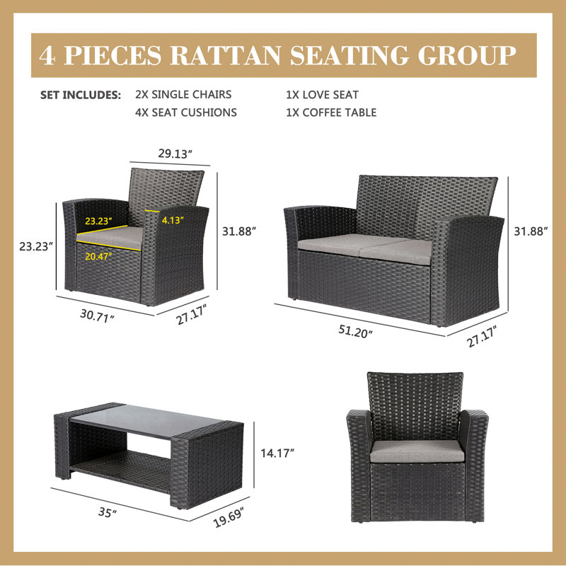 Acesyn Wicker 4 - Person Patio Conversation Set with Cushions, Black