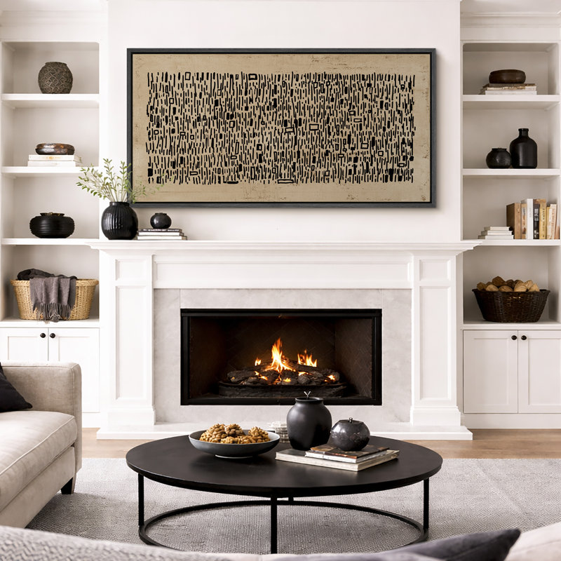 Geometric Line "Brown Black Wabi Sabi Abstract Artwork, Mid Century Modern Neutral Wall Pictures, Extra Large Framed Canvas Giclee Print Wall Art"