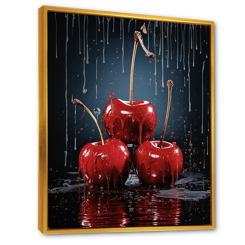 Red Cherry Delight 2 - art mural cerise, H 32 po x l 24 po x P 1 po, Cadre flottant doré