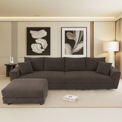 Modern Corduroy Fabric Upholstered 4-Seater Sectional Sofa with an Ottoman