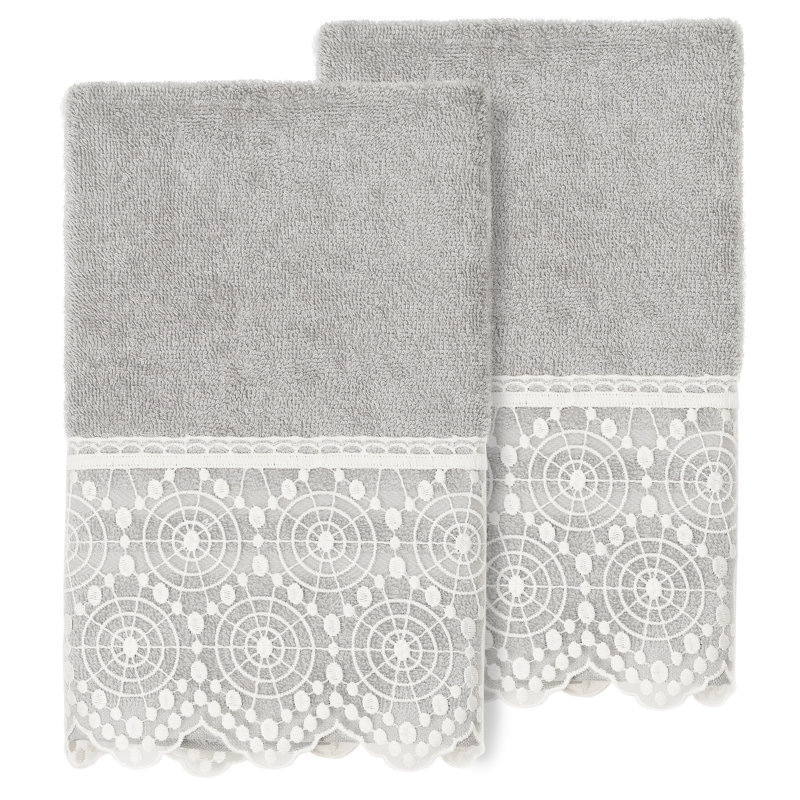 Turkish Cotton Cream Lace Embellished Hand Towel, Light Gray