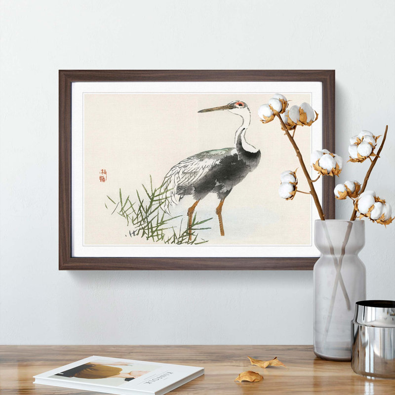 A Crane by Kono Bairei - Picture Frame Painting Print, Walnut Framed, 27cm H x 36cm W x 2cm D