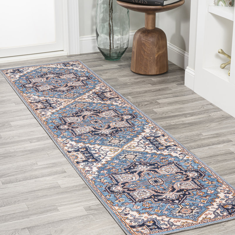 Huddleston Ornate Large Medallion Machine-Washable Blue/Beige Rug, Runner 2' x 8'