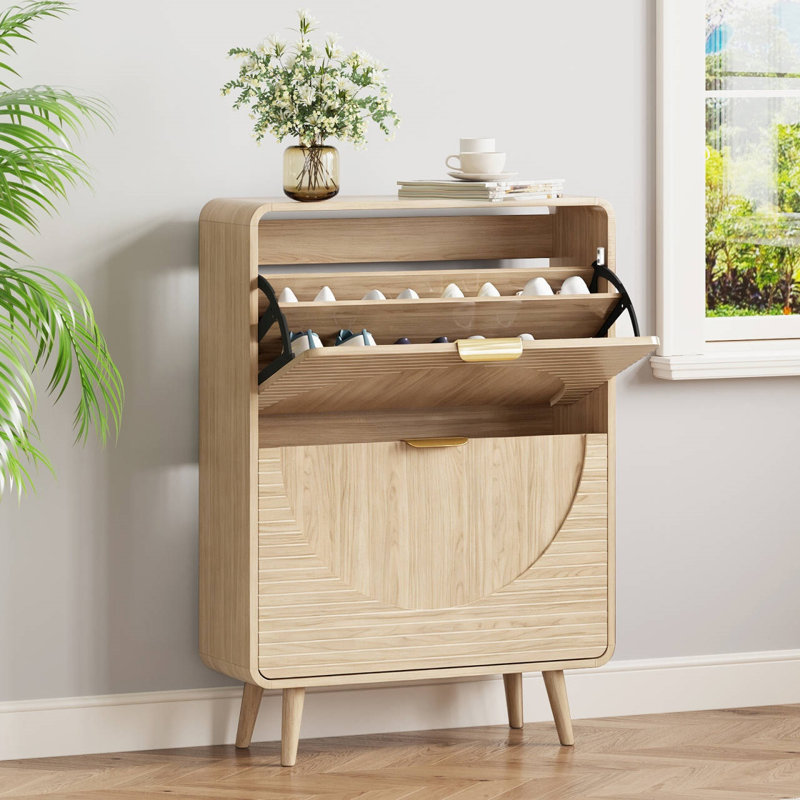 Wood Double-layer Drawer Shoe Cabinet, Enclosed Shoe Storage Unit with Fluted Drawers, 4 Legs and Anti-tipping Device, Suitable for Entryway, Hallway, Living Room