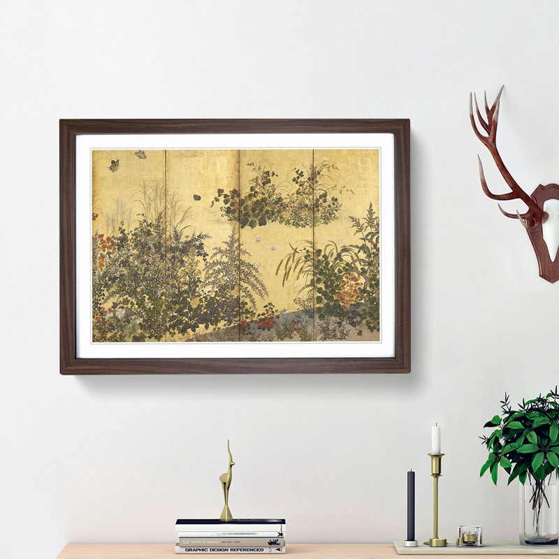 Butterflies & Flowers by Tawaraya Sotatsu - Picture Frame Art Print, 48cm H x 65cm W x 2cm D, Walnut Framed