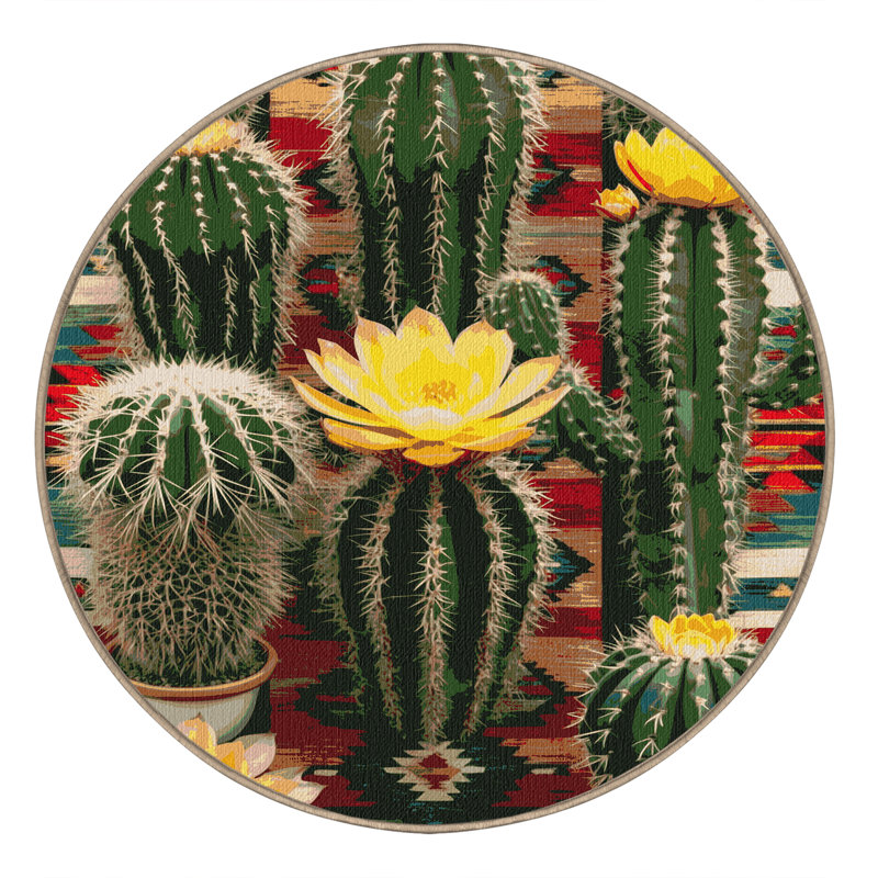 Washable Cactus Garden Southwestern Area Rug, Round 3'