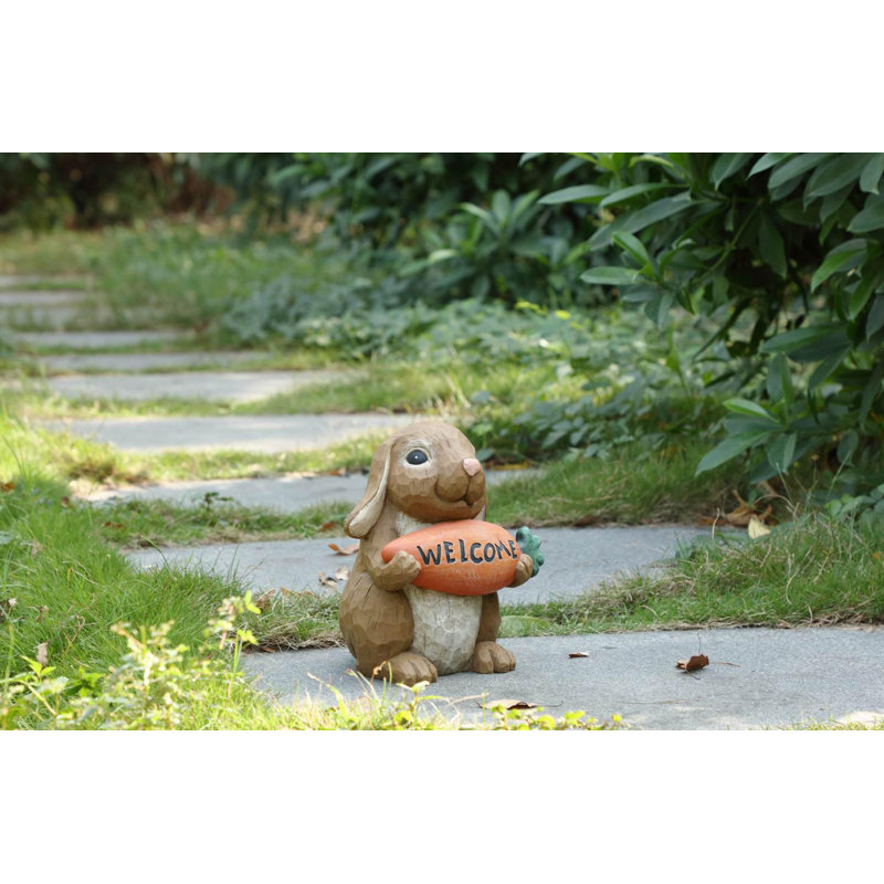 Brown Polyresin Rabbit Holding Carrot Welcome Sign Statue