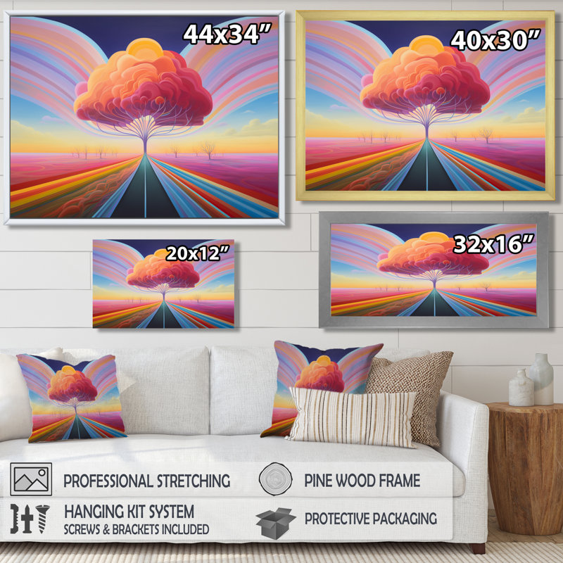«Pastel Country Road Pink Majestic Tree Sunset», art mural abstrait, Toile encadrée flottée blanche