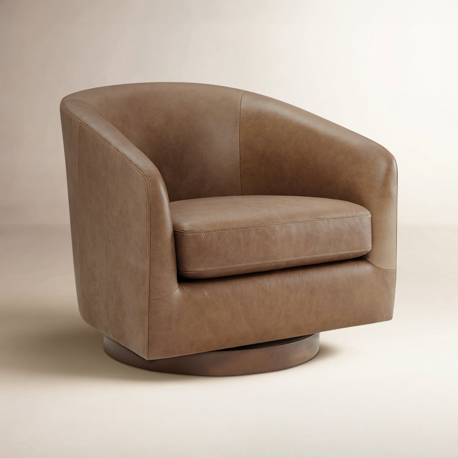 Bennett Genuine Leather Swivel Barrel Chair, Marseille Camel Top Grain Leather