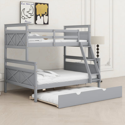 Sturdy Wood Bunk Bed Frame with Built-in Trundle and Ladder