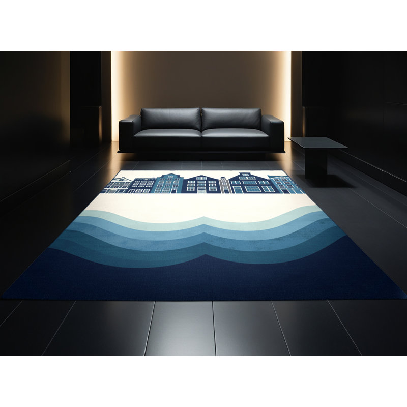 Machine Washable Orsolya Amsterdam Canals Scandinavian Geometric Rug in White – Navy Binding, 2x4