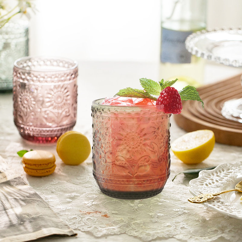 Ensemble de verres à boire de 4 à 360 ml / 12 oz - verres à eau embossés à motif floral - verres à whisky, bière, jus, vin et vert