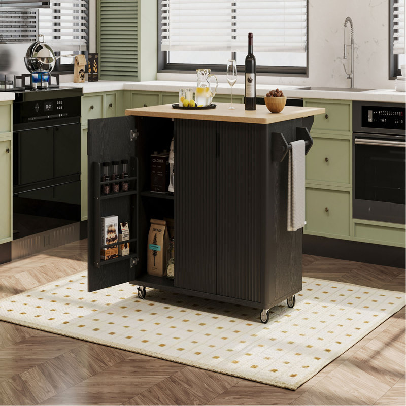 51" Fluted Kitchen Island with Drop Leaf, Farmhouse Accent Kitchen Island on Wheels with Internal Storage Rack, Rolling Kitchen Cart with Towel Rack for Kitchen, Dining Room