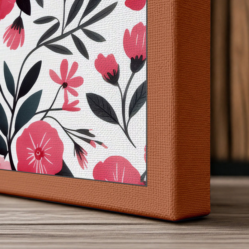 Pink Blooms Pattern Botanical - Wrapped Canvas, 36x24 - 91.4 x 61.0 cm, Terracotta Border
