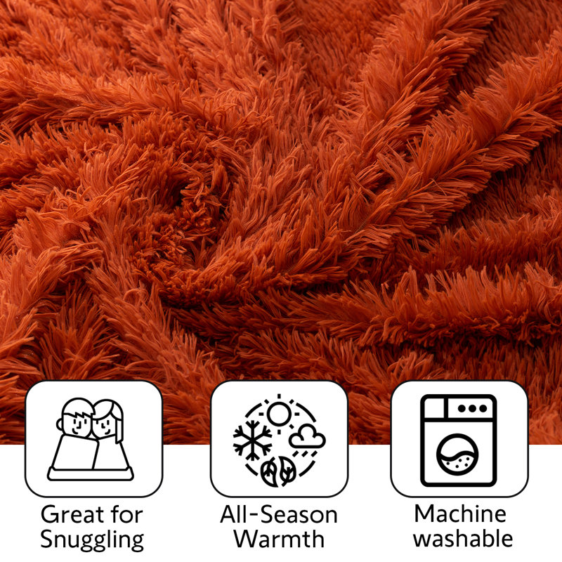 Rust Orange Reversible Faux Fur and Fleece Throw Blanket 60" x 70"