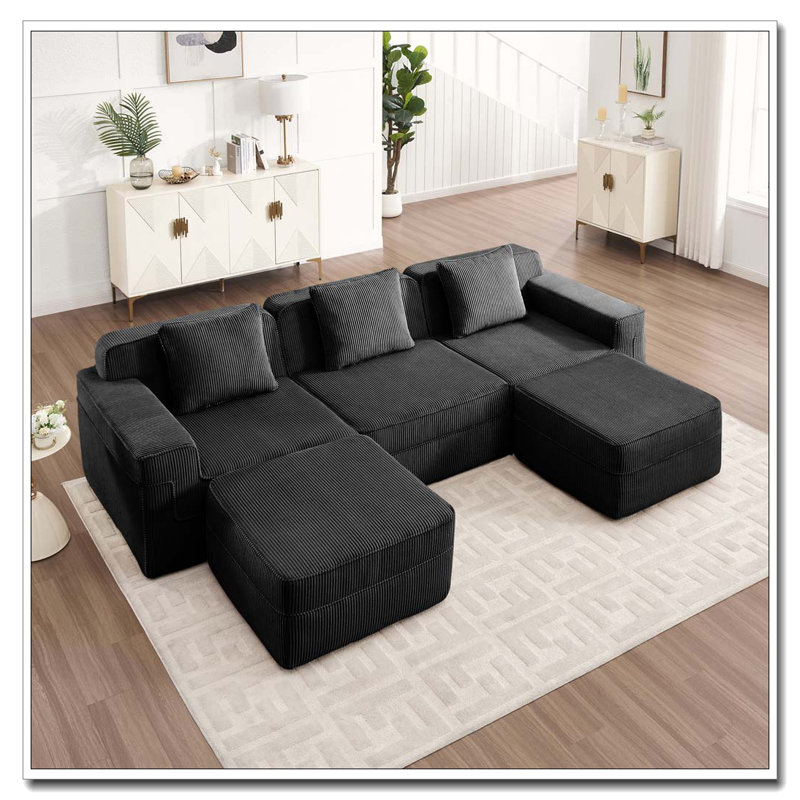 Canapé modulaire à 3 places en forme de U sans os, canapé modulaire Cloud avec assise profonde, canapé modulaire moderne à 3 places avec coussins décoratifs et 2 repose-pieds mobiles