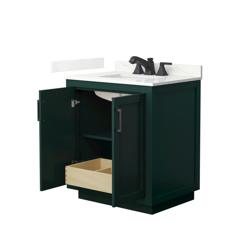 Ensemble de meuble-lavabo simple autoportant 30 po avec plateau en quartz Miranda, Giotto Quartz, Vert, Noir mat