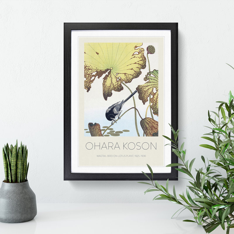 Wagtail Bird on a Lotus Plant by Ohara Koson - Picture Frame Art Prints, Black Framed, 65cm H x 48cm W x 2cm D