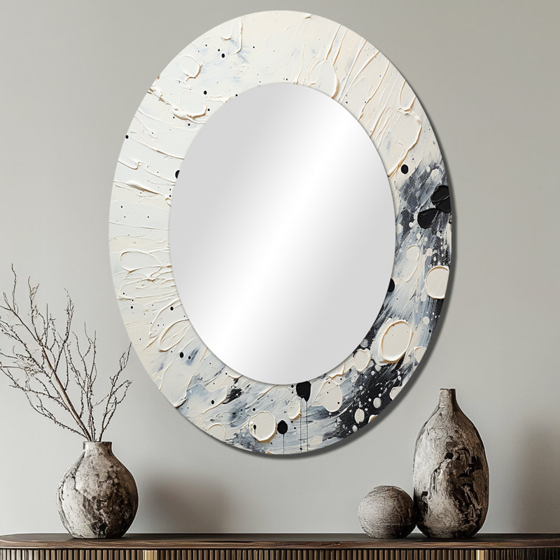 Gris gris blanc Mid Century Minimalist Wave - Miroir décoratif ovale abstrait sur métal, 40 po x 30 po