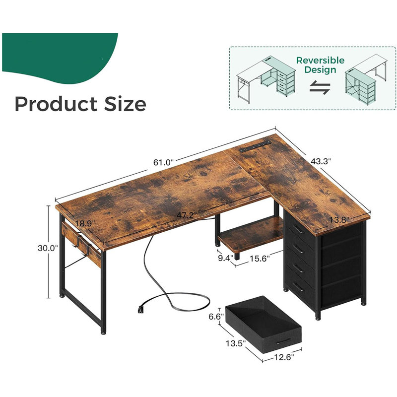 L Shaped Desk With 4 Tier Drawers, 61" Reversible Gaming Desk With Power Outlets, L Shaped Computer Desk With USB Charging Port And Host Stand, Home Office Corner Desk, Easy To Assemble, White