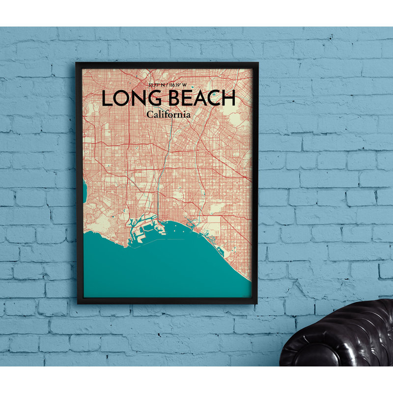 «Long Beach City Map», reproduction d'impression sur affiche en beige, H 36 po x l 24 po