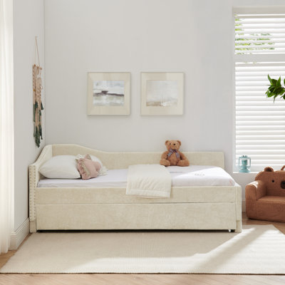 Lit de jour simple à dossier arrondi et rembourré à dossier arrondi, lit de jour en chenille à garniture cloutée rétro avec couchette coulissante et port USB, beige