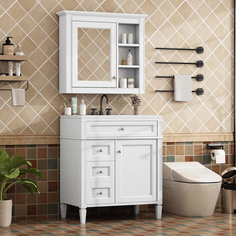 Ensemble de meuble-lavabo autoportant avec lavabo supérieur, meuble-lavabo moderne avec 2 tiroirs et tiroir basculant, ensemble de meuble-lavabo autoportant avec armoire-miroir et meuble-lavabo simple