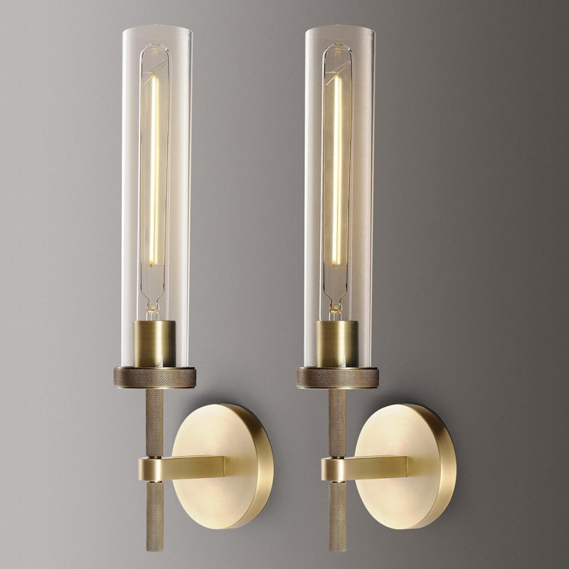 Martajah Solid Brass Wall Sconces with Tube Glass (Bulbs Include) (Set of 2), Brass, 19.48" H x 4.72" W x 4.72" D